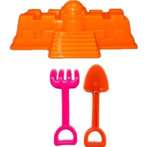 SET ACCESORIOS PLAYA x 3 EN MALLA  (CASTILLO+PALA+RASTRILLO)